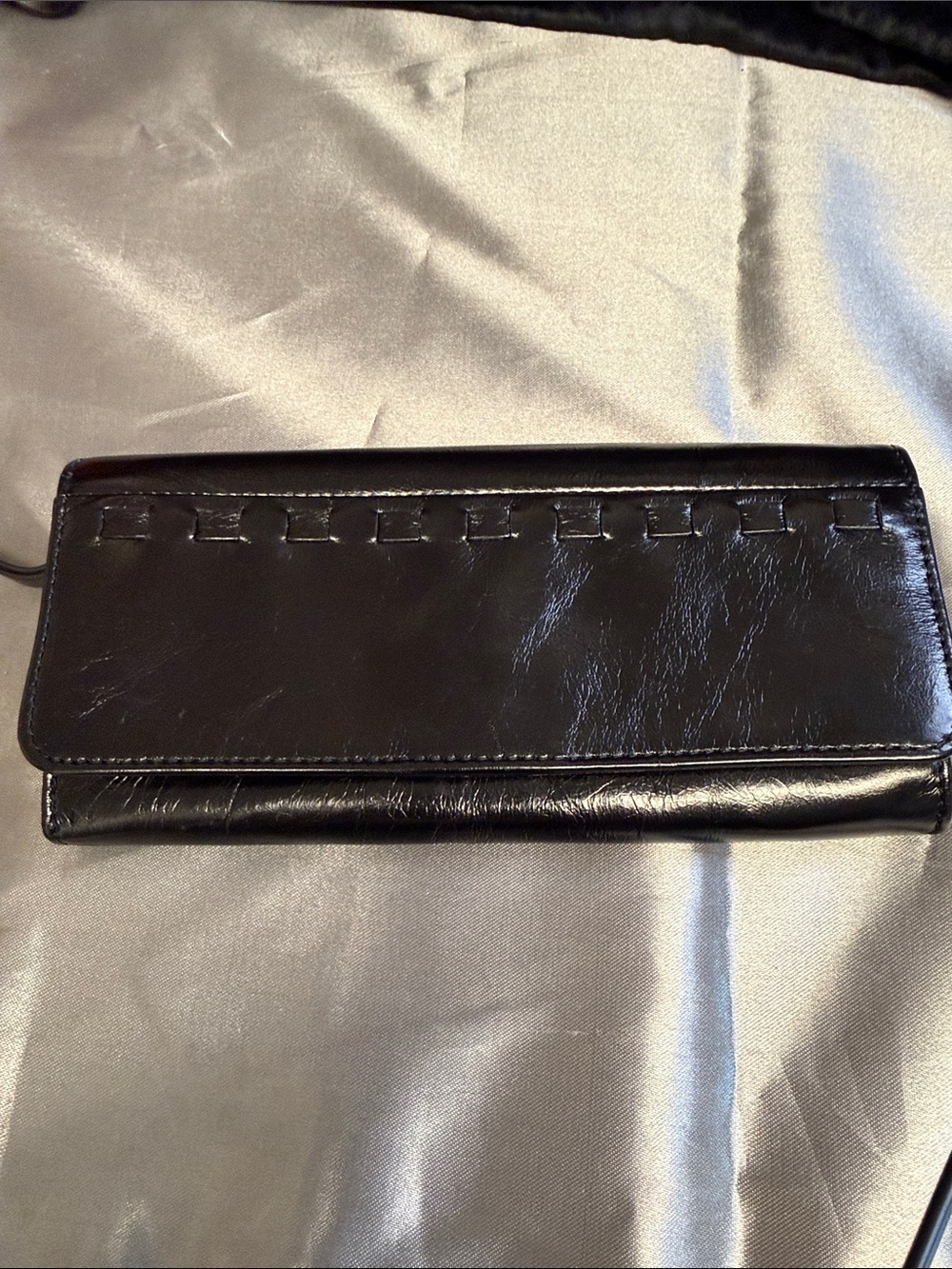 Hobo International Black patent Leather Long Wallet with Woven Edge Detail